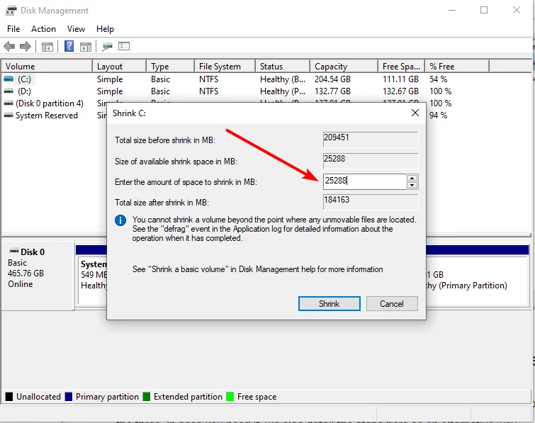 A C meghajtó partíció zsugorítása a Windows 10/8/7 rendszerben