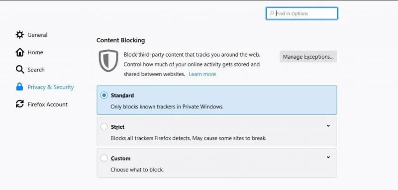 Veiksmai blokuoti sekėjus naudojant „Firefox“.
