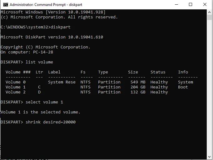 A C meghajtó partíció zsugorítása a Windows 10/8/7 rendszerben