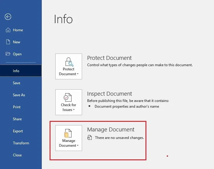 Veiksmai, skirti atkurti neišsaugotą „Word“ dokumentą sistemoje „Windows 10“.