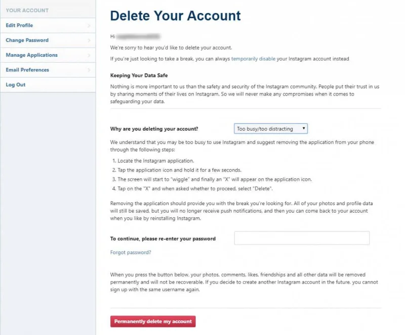 Sådan sletter du din Instagram-konto