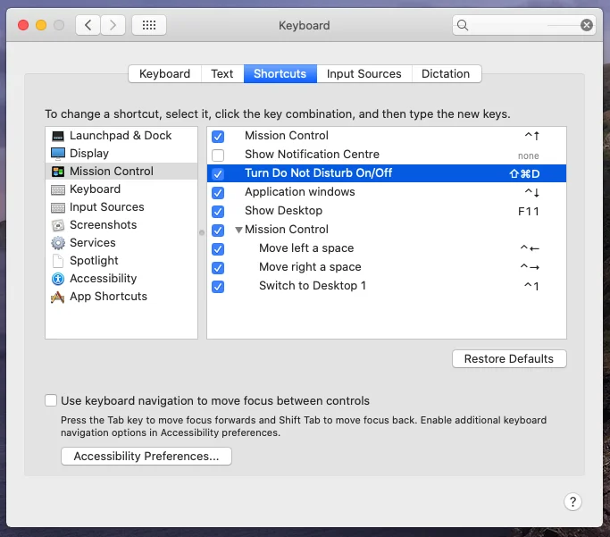 Veiksmai, kaip nustatyti režimo „Netrukdyti“ spartųjį klavišą „Mac“.