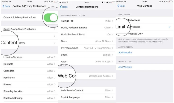 Как да ограничите конкретни уебсайтове в Safari в iPhone