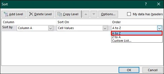 Как да подредите по азбучен ред в Excel