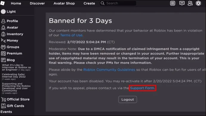 Как да видите забранени акаунти в Roblox