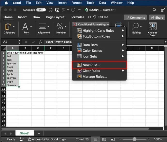 Как да намерите дублиращи се редове в Excel