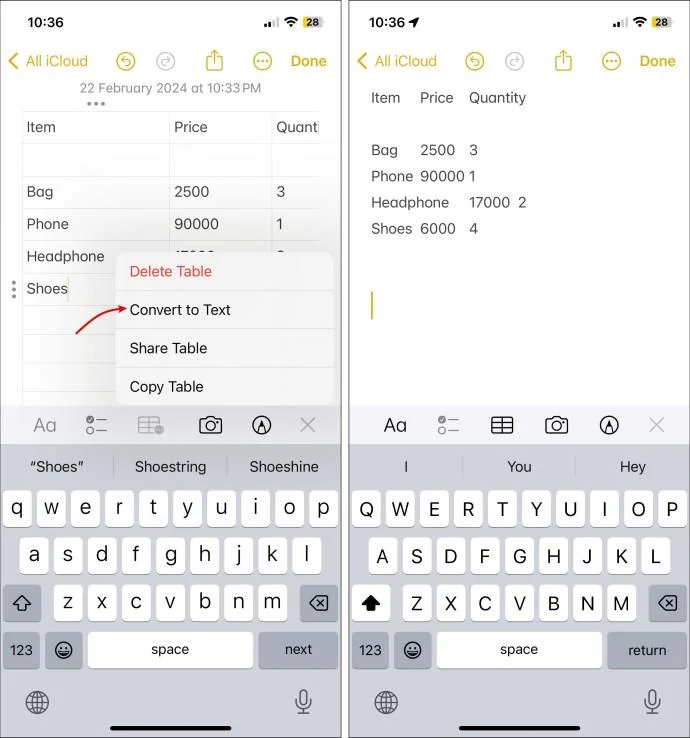 Apple Notes: Πώς να αλλάξετε το μέγεθος των στηλών ή των γραμμών του πίνακα