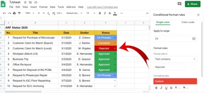 Как да вмъкнете падащи списъци в Google Таблици