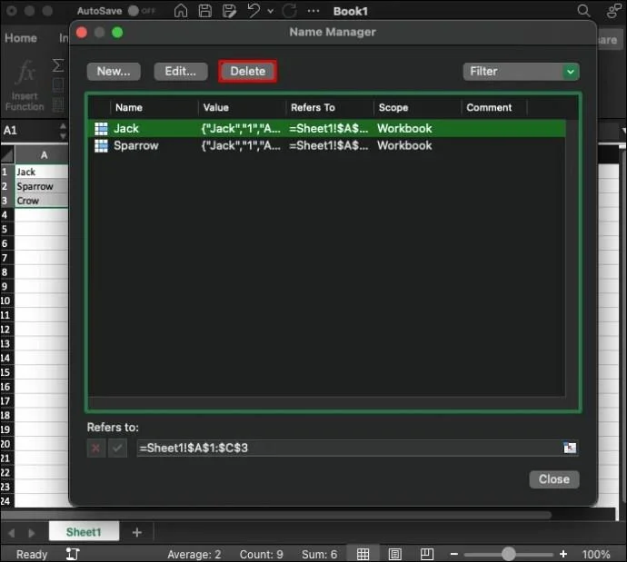 Как да изтриете именуван диапазон в Excel