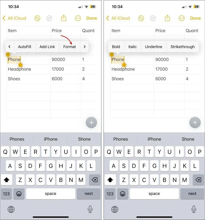 Apple Notes: Πώς να αλλάξετε το μέγεθος των στηλών ή των γραμμών του πίνακα