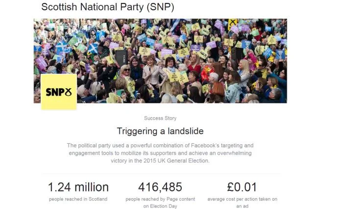 Facebook odstraňuje chlubení, že pomohl SNP k velkým vítězstvím v roce 2015