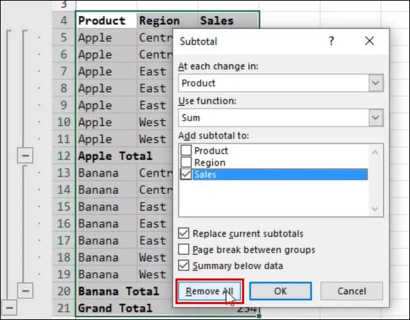 Как да премахнете междинни суми в Excel