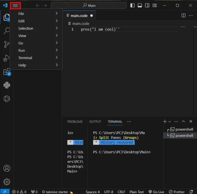 Как да стартирате код в терминал във VS Code