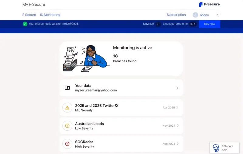 Zjistěte více o službě sledování dark webu F-Secure ID Protection