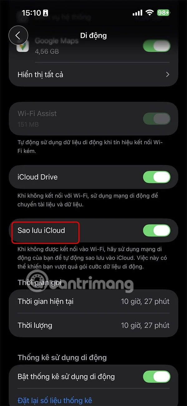 Hướng dẫn kích hoạt sao lưu iCloud qua dữ liệu