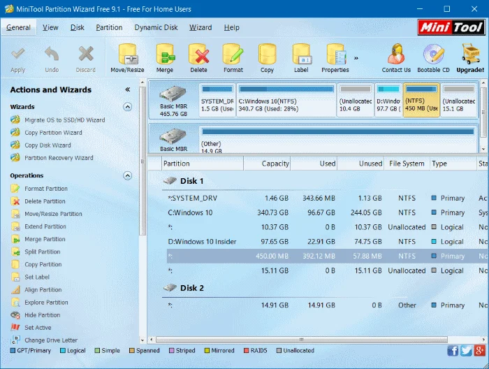 Takole izbrišete obnovitveno particijo in 450 MB obnovitveno particijo v sistemu Windows 10