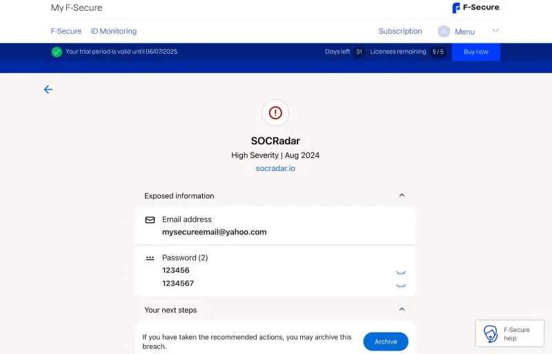 Zjistěte více o službě sledování dark webu F-Secure ID Protection