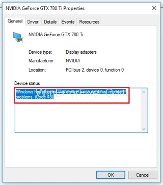 „Windows“ sustabdė šį įrenginį, nes pranešė apie problemas.  (kodas 43)