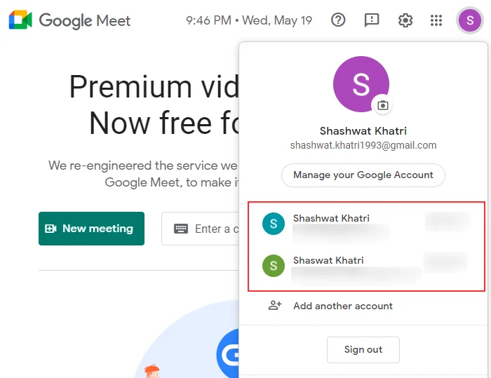 Kako dodati drug račun v Google Meet