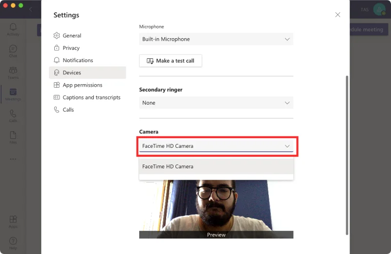 Kameran testaaminen Microsoft Teamsissa