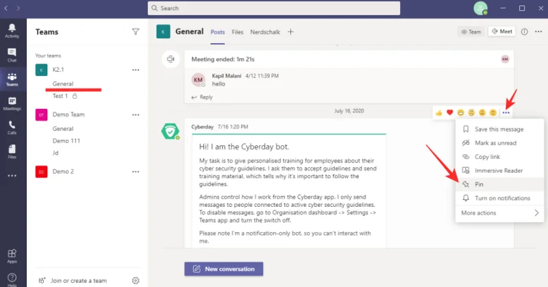 Üzenet rögzítése a Microsoft Teamsben