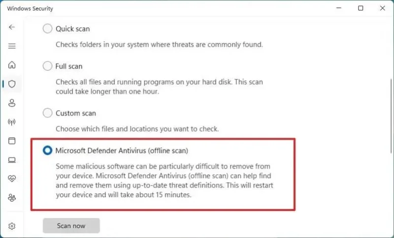 Kaip atlikti neprisijungus pasiekiamą virusų nuskaitymą naudojant „Microsoft Defender“ sistemoje „Windows 11“