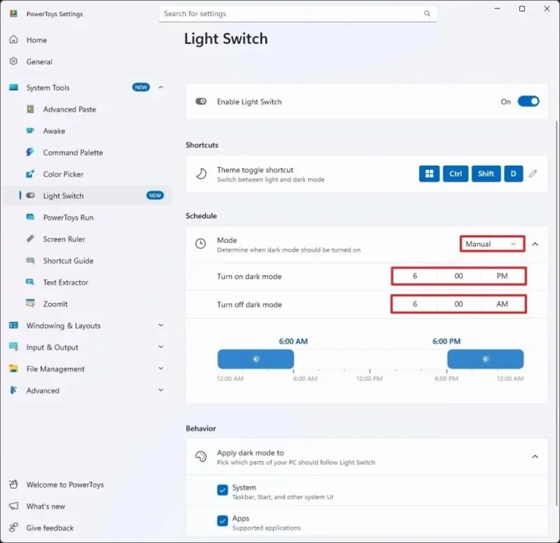Sådan skifter du automatisk lys og mørk tilstand med PowerToys på Windows 11