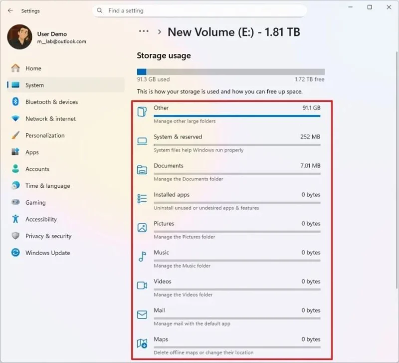 Kaip pamatyti, kas užima vietos diske sistemoje „Windows 11“