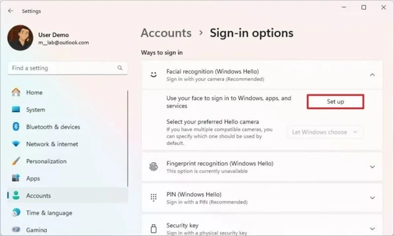 Kaip nustatyti „Windows Hello“ veido atpažinimo funkciją sistemoje „Windows 11“