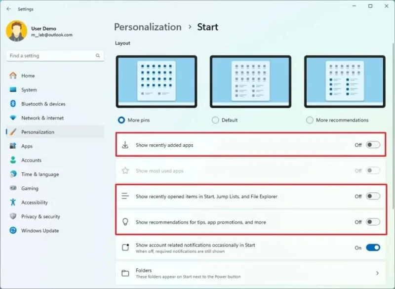 Kaip išjungti „Rekomenduojamą“ skyrių „Windows 11“ meniu „Pradėti“