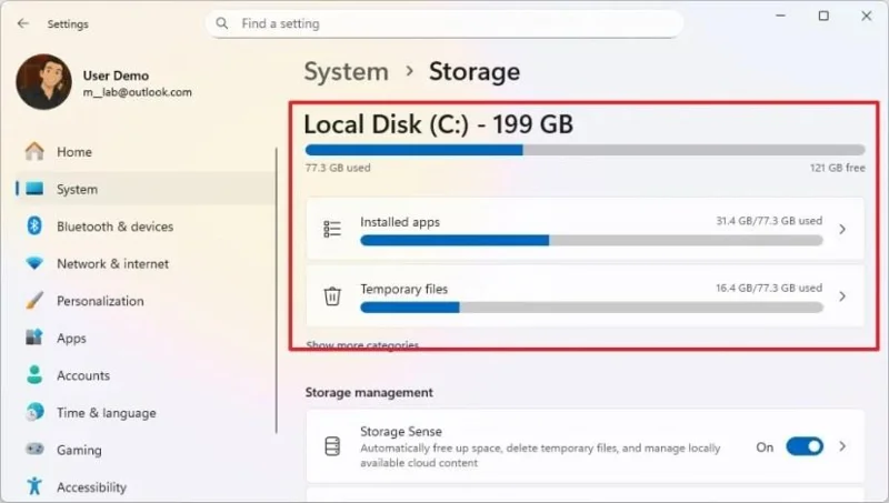 Kaip pamatyti, kas užima vietos diske sistemoje „Windows 11“