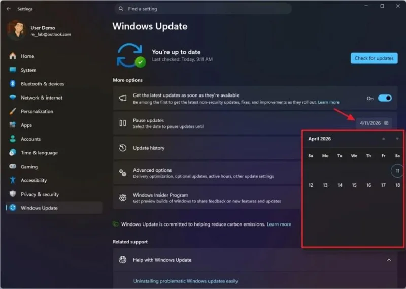 A Windows 11 új naptárvezérlőket tesztel, hogy sokkal hosszabb ideig szüneteltesse az automatikus frissítéseket