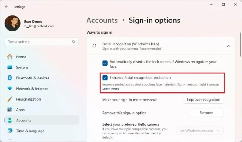 Kaip įjungti apsaugą nuo klastojimo „Windows Hello Face“ sistemoje „Windows 11“