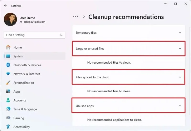 Kaip naudoti valymo rekomendacijas norint atlaisvinti vietos sistemoje „Windows 11“