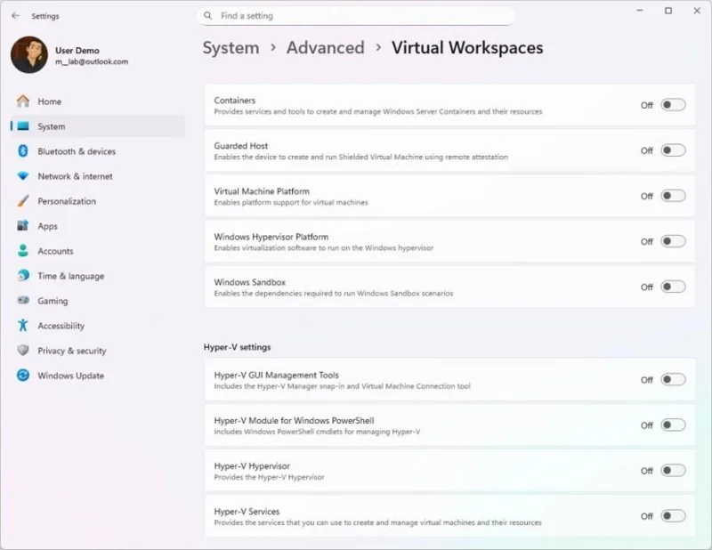 „Windows 11“ virtualios darbo erdvės leidžia įjungti „Hyper-V“ ir „Sandbox“ per „Nustatymų“ programą