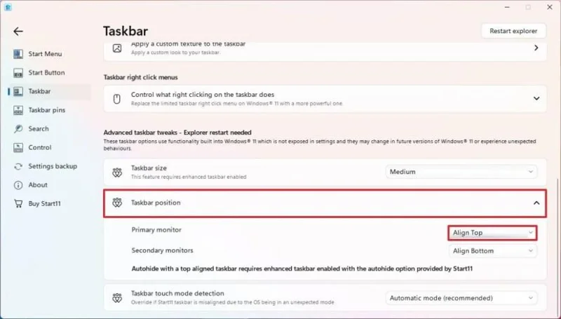Kaip perkelti užduočių juostą į viršų arba į šoną sistemoje „Windows 11“