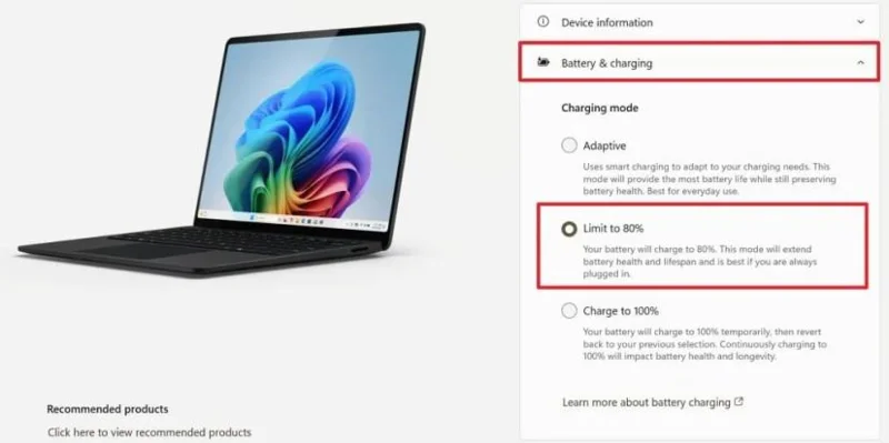 Hogyan lehet a Surface akkumulátorának töltöttségét 80 százalékra korlátozni Windows 11 rendszeren