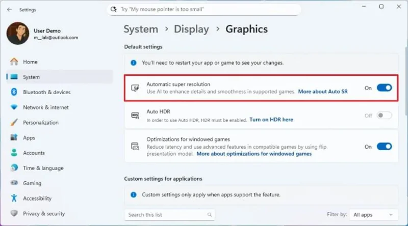 Kaip įjungti automatinę super skiriamąją gebą sistemoje „Windows 11“