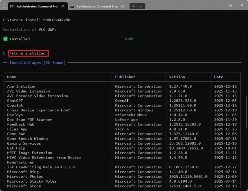 Windows 11 har en ny Store CLI (store) kommandolinjeversjon av Microsoft Store