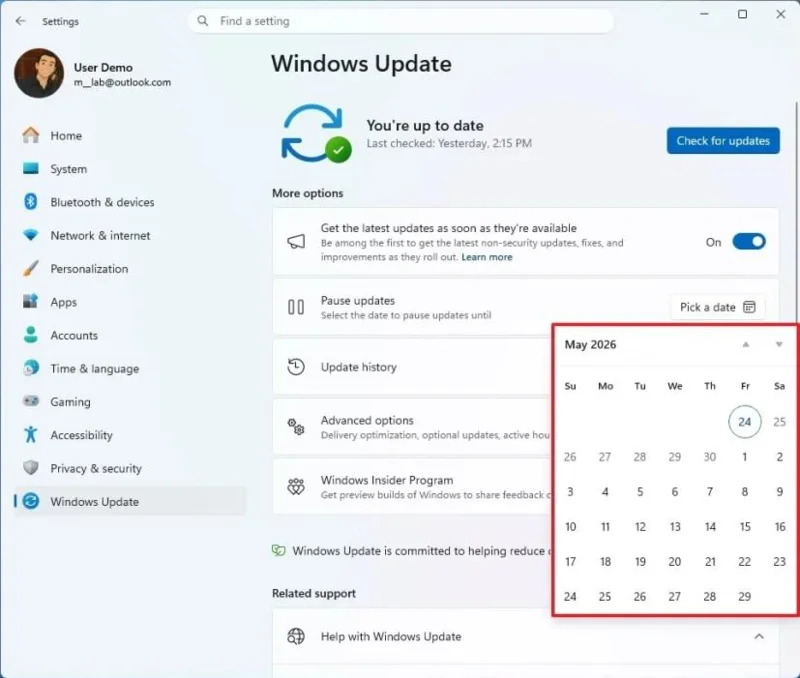 26300.8289 versija, skirta „Windows 11 26H2“, pertvarko atnaujinimų valdiklius