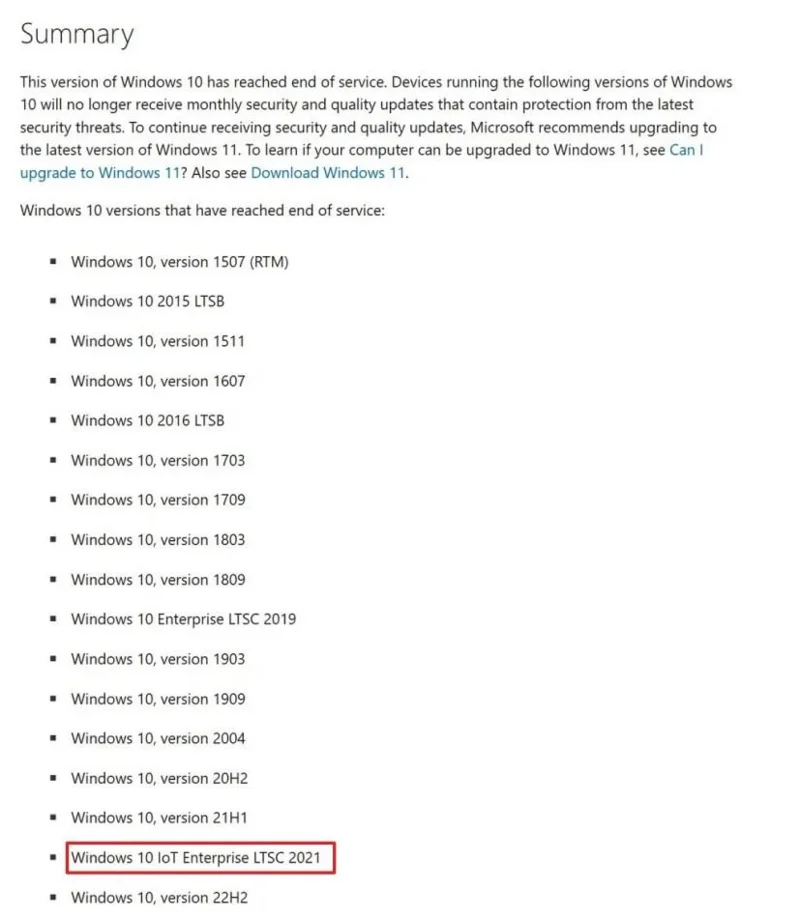 Підтримка Windows 10 завершена, але LTSC 2021 та IoT LTSC 2021 все ще підтримуються.