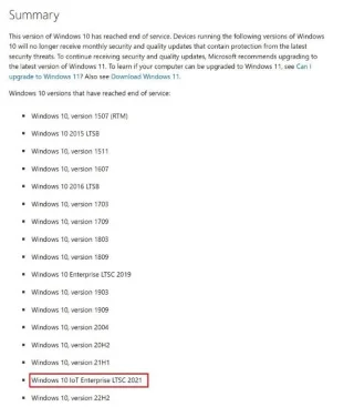 Підтримка Windows 10 завершена, але LTSC 2021 та IoT LTSC 2021 все ще підтримуються.