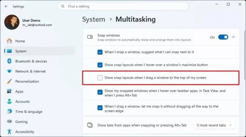 Kaip išjungti vilkimo ekrano viršaus prisegimo maketų funkciją sistemoje „Windows 11“