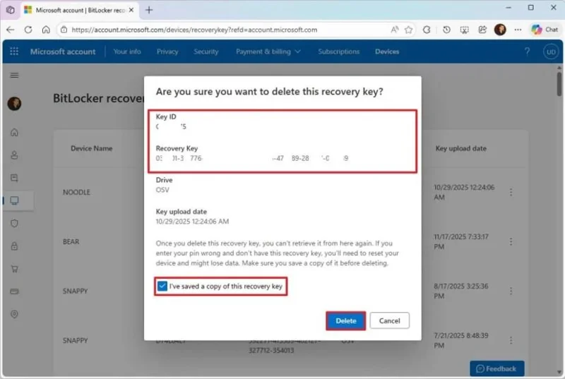 Як видалити ключ відновлення BitLocker з облікового запису Microsoft у Windows 11