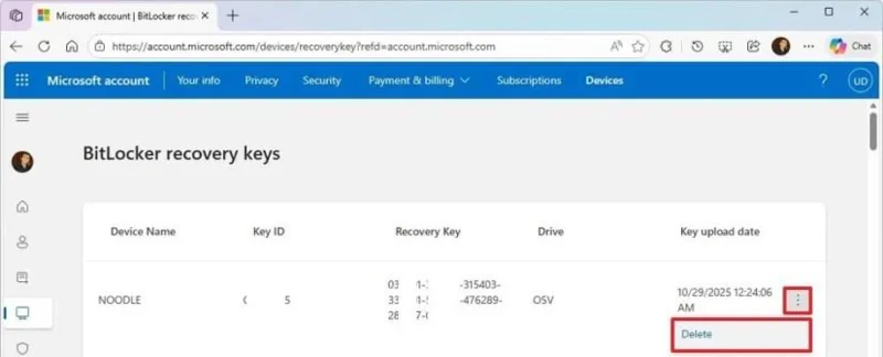 Як видалити ключ відновлення BitLocker з облікового запису Microsoft у Windows 11