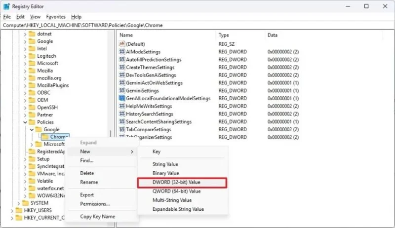 Kaip visam laikui išjungti visas „Google Chrome“ dirbtinio intelekto funkcijas naudojant registrą sistemoje „Windows 11“ (tai veikia)