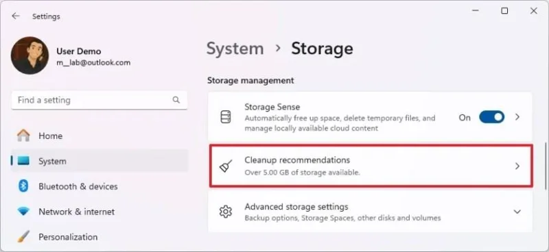 Kaip naudoti valymo rekomendacijas norint atlaisvinti vietos sistemoje „Windows 11“