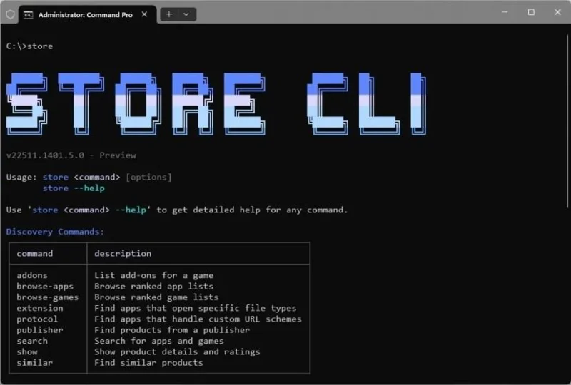 Windows 11 har en ny Store CLI (store) kommandolinjeversjon av Microsoft Store