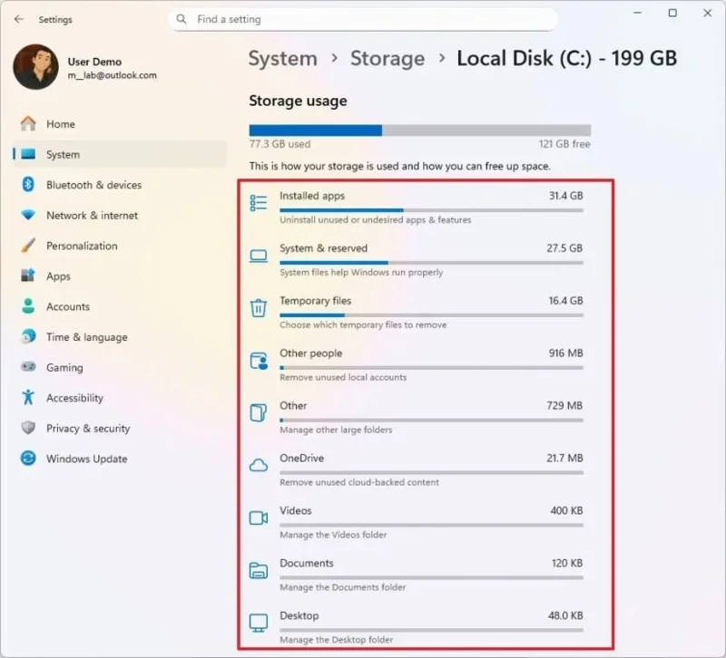 Kaip pamatyti, kas užima vietos diske sistemoje „Windows 11“