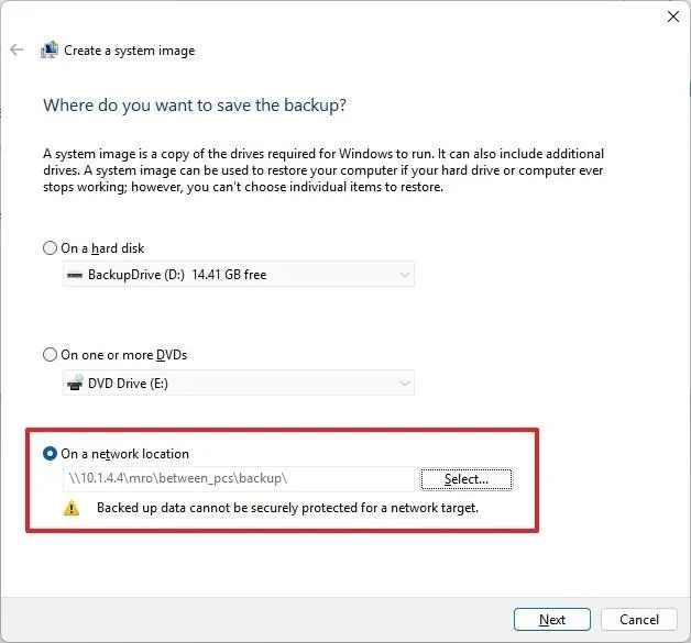 Kaip sukurti pilną atsarginę kopiją tinklo diske sistemoje „Windows 11“, 10